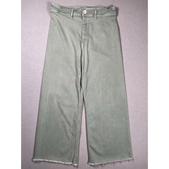 Zara Women's Green Wide Leg Jeans Sz 12 Raw Hem Boho Hippie Retro Stretch Casual - Picture 1 of 8